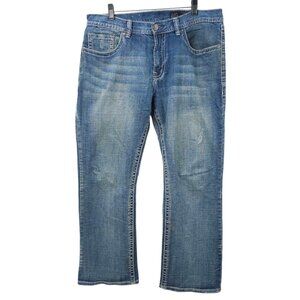 T K Axel Vintage Boot Cut Jeans Mens 36 x 30 Distressed Denim Flap Pockets